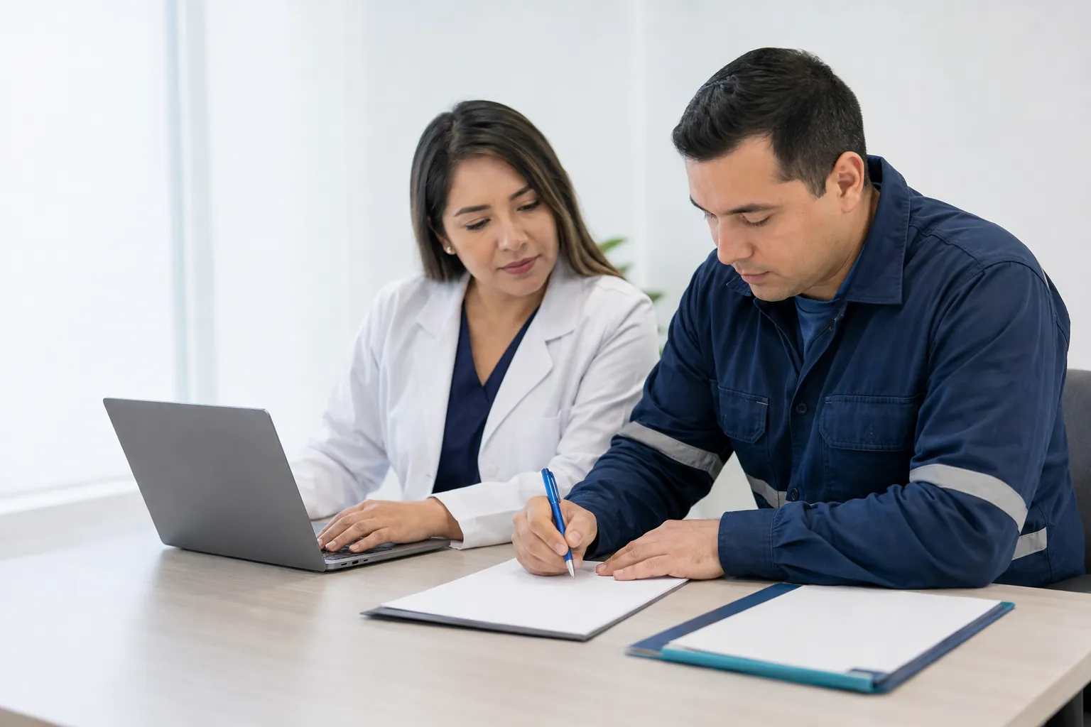 Una médica y un trabajador revisan un formulario en un escritorio.